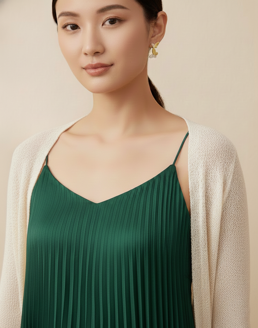 Woman wearing a green dress with a beige cardigan against a beige background