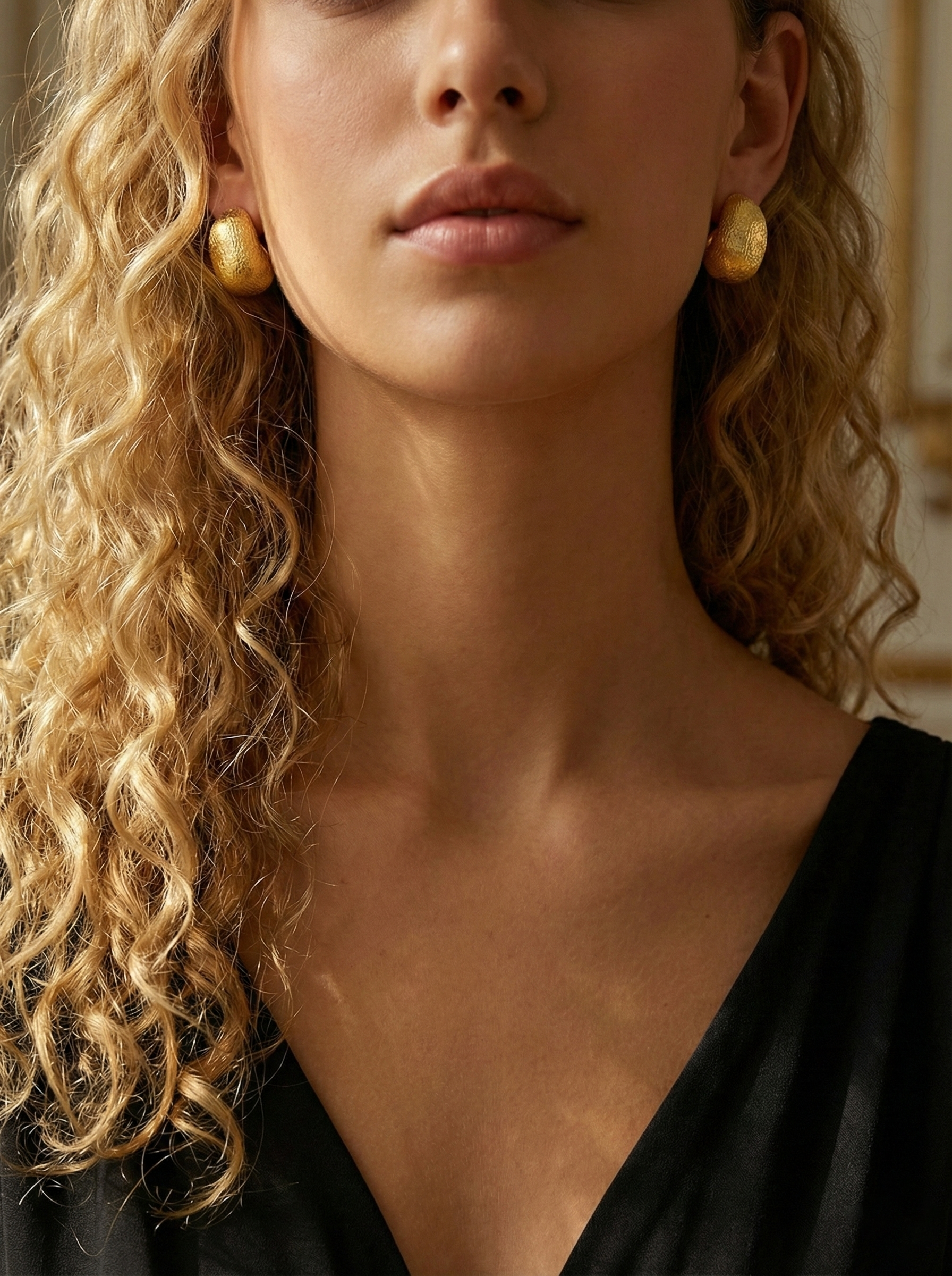 Close-up of a woman wearing gold earrings with a blurred background