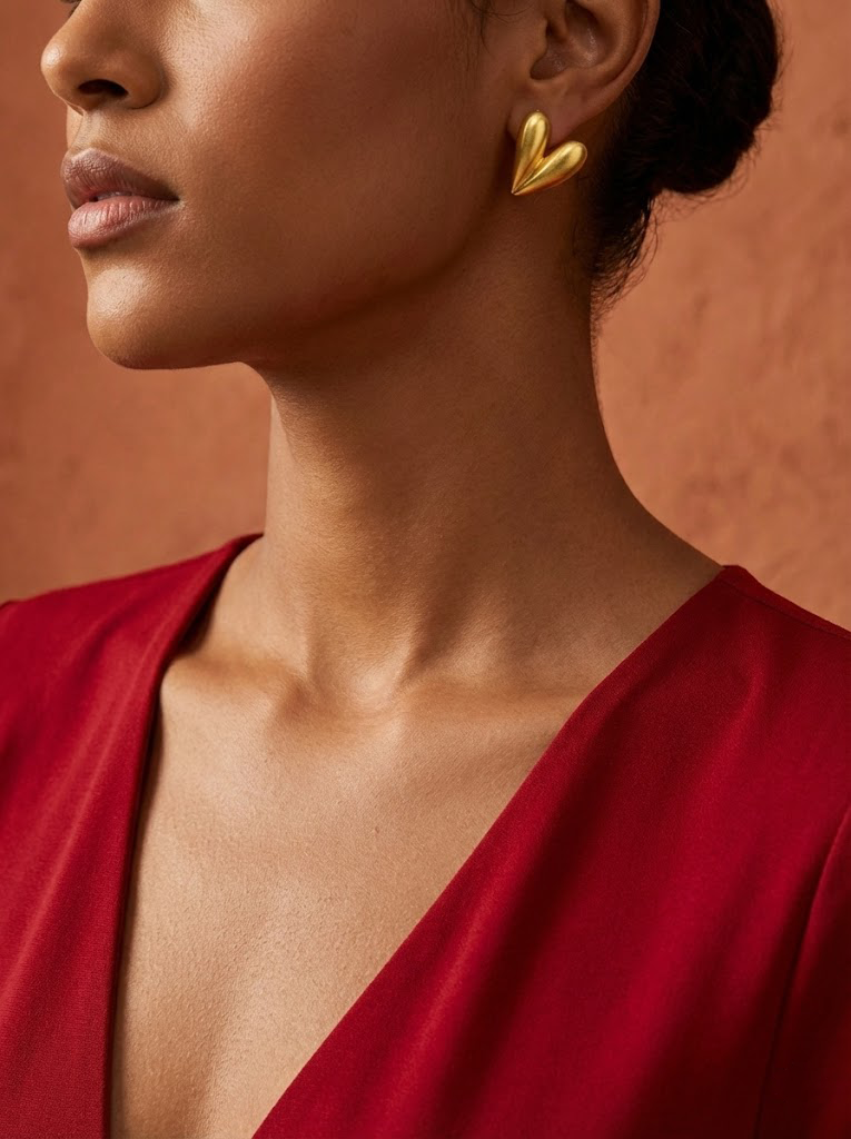 Woman wearing gold heart-shaped earrings with a red top against a warm-toned background