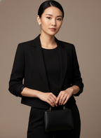 Woman in a black outfit holding a black handbag against a brown background