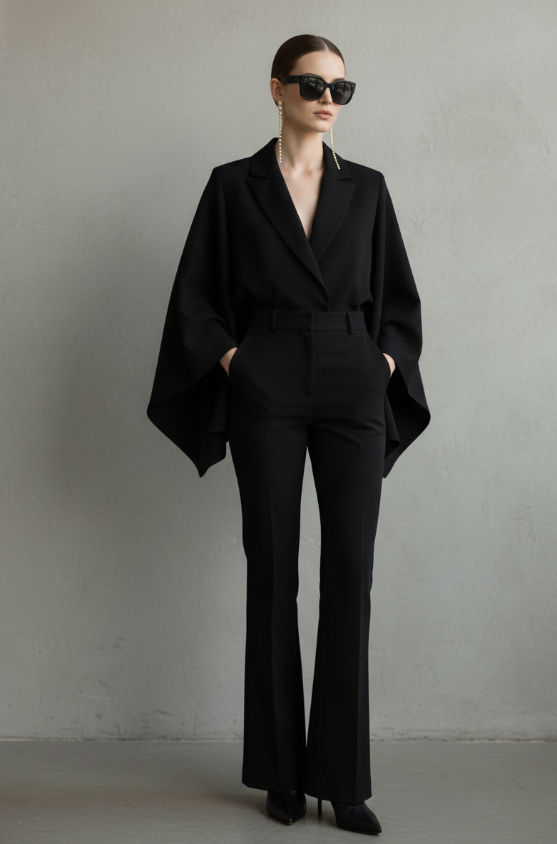 Person wearing a black suit and sunglasses against a plain background