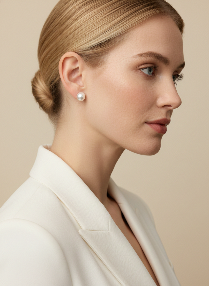 Woman wearing pearl earrings with a neutral background